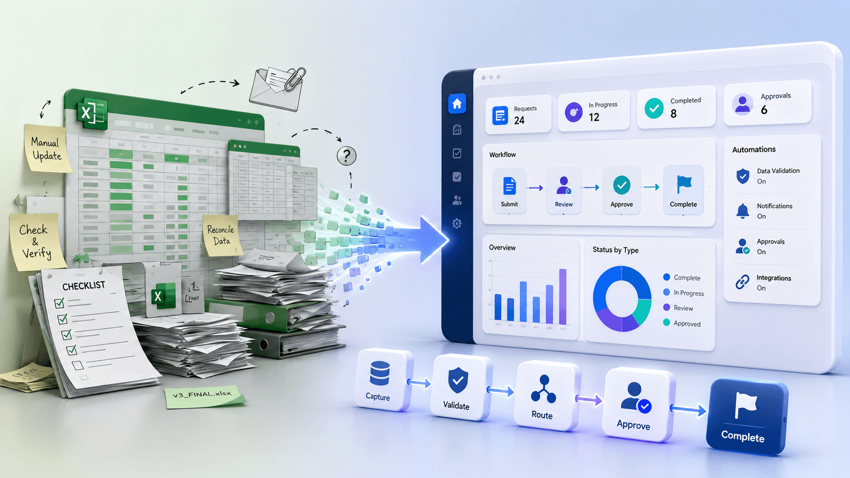 Illustration of spreadsheet-heavy workflows being replaced by structured apps and automation