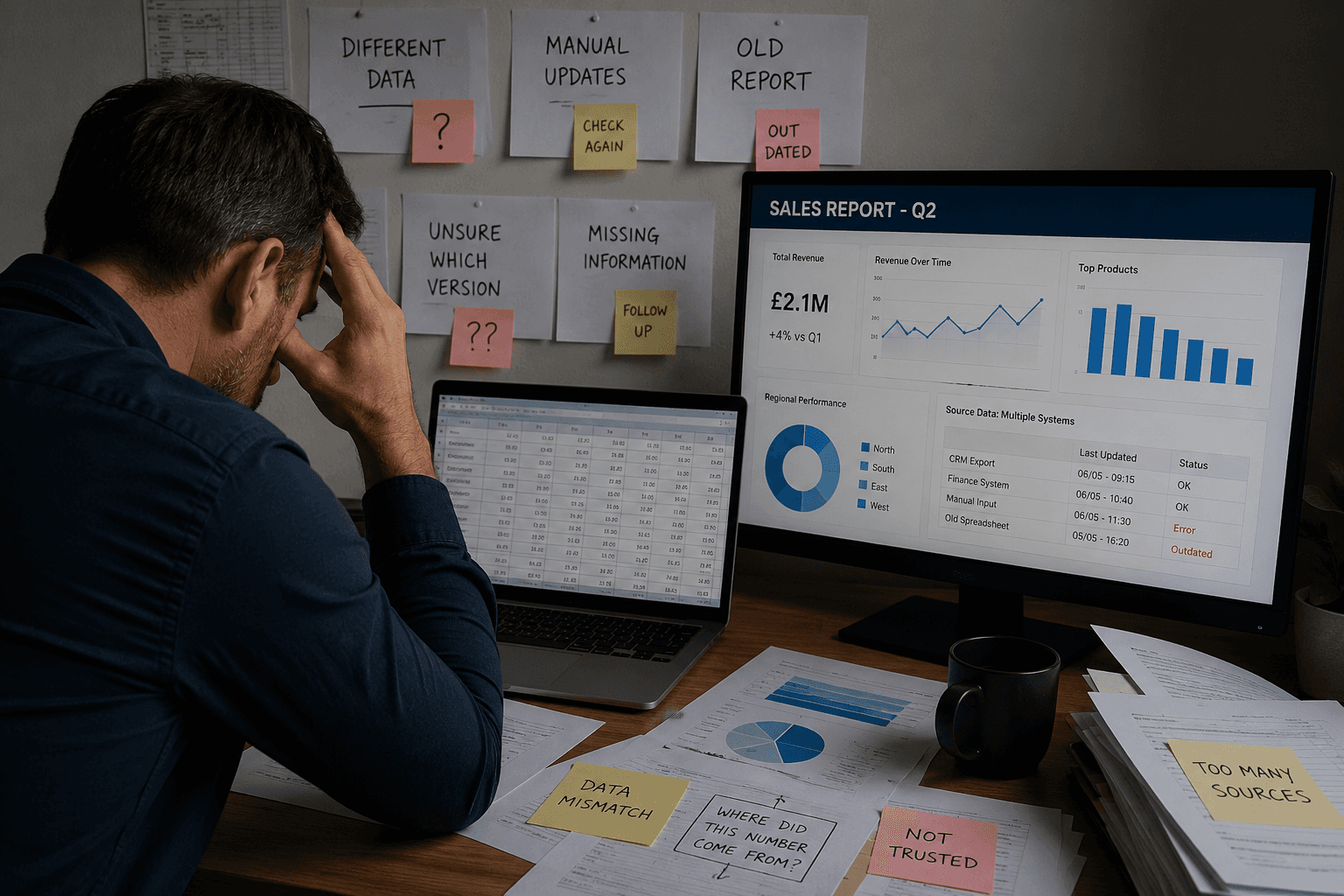 Illustration showing business dashboards, disconnected data sources, reporting issues, and data quality problems